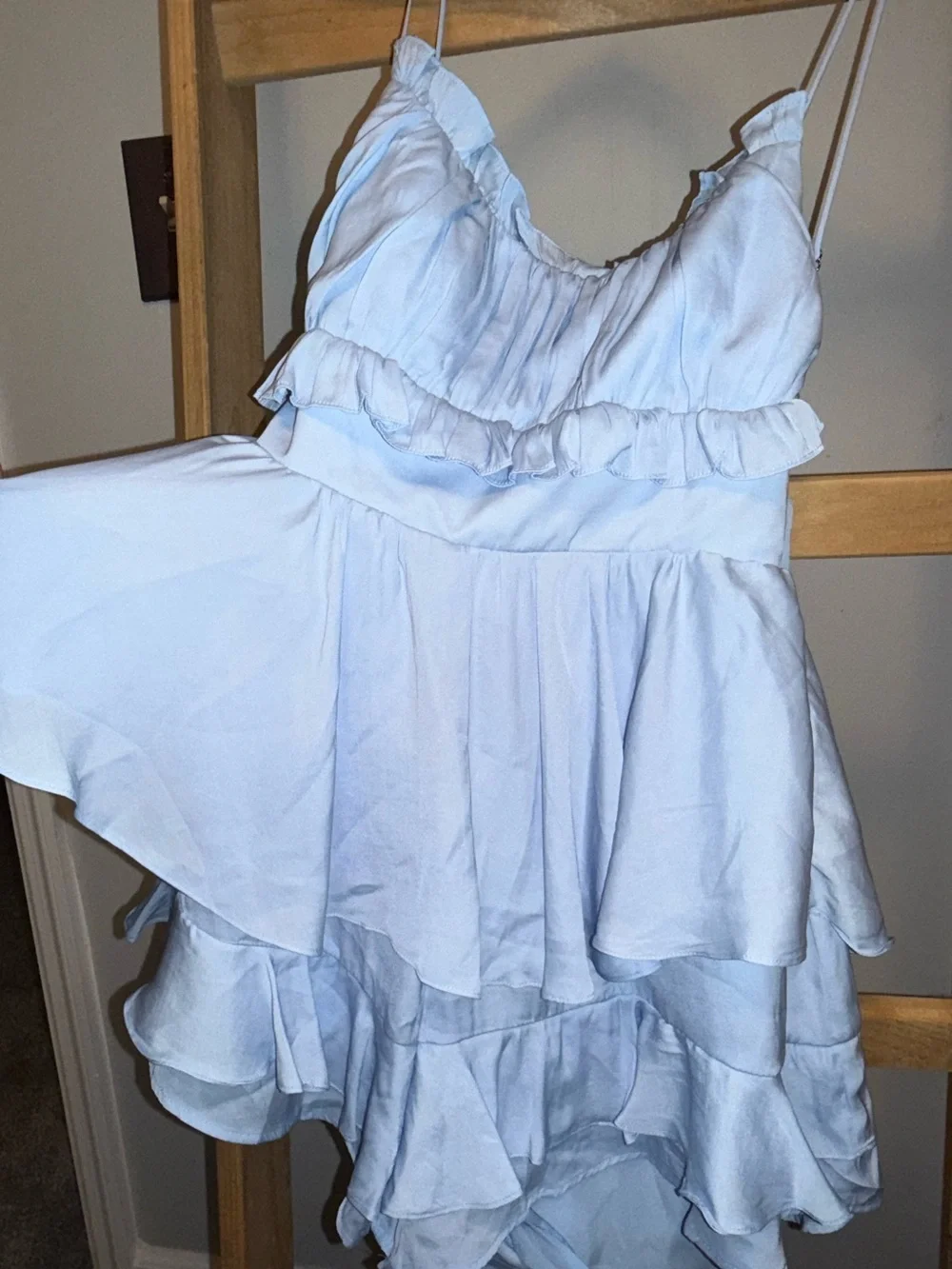 NWT SAINTS + SECRETS Powder Blue Ruffle Mini Dress with Drawstring - Picture 11 of 11